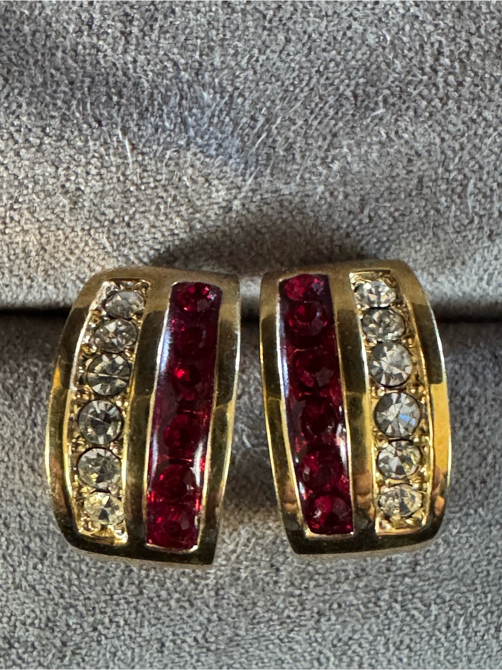 Vintage ROMAN Gold Tone Red Clear Rhinestone Half Hoop Earrings